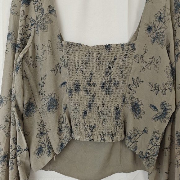 House of Harlow 1960 Long Mesh Sleeve Bustier Blouse Grey Blue Floral Size M - Picture 10 of 11